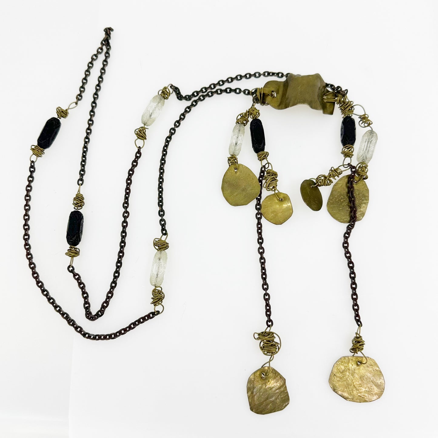 Mid Century brass & carved glass beads necklace