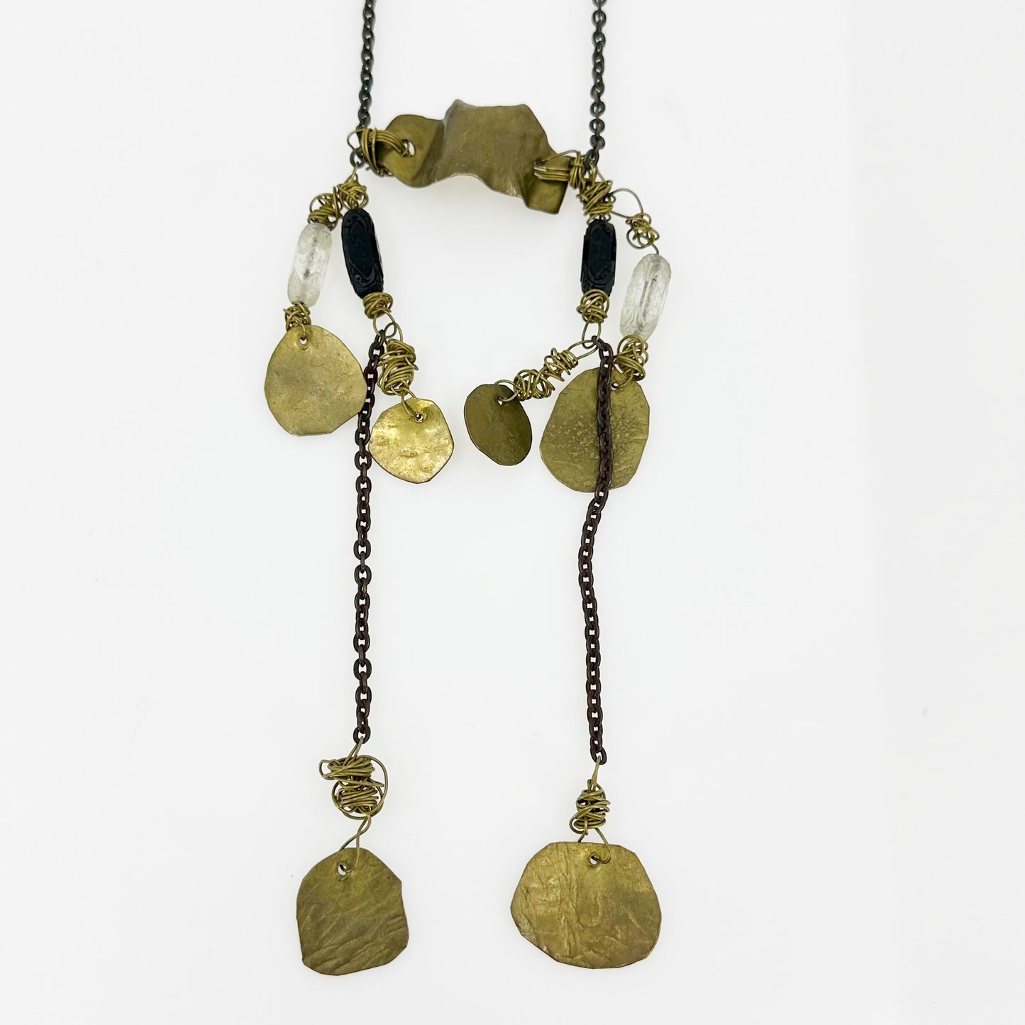 Mid Century brass & carved glass beads necklace