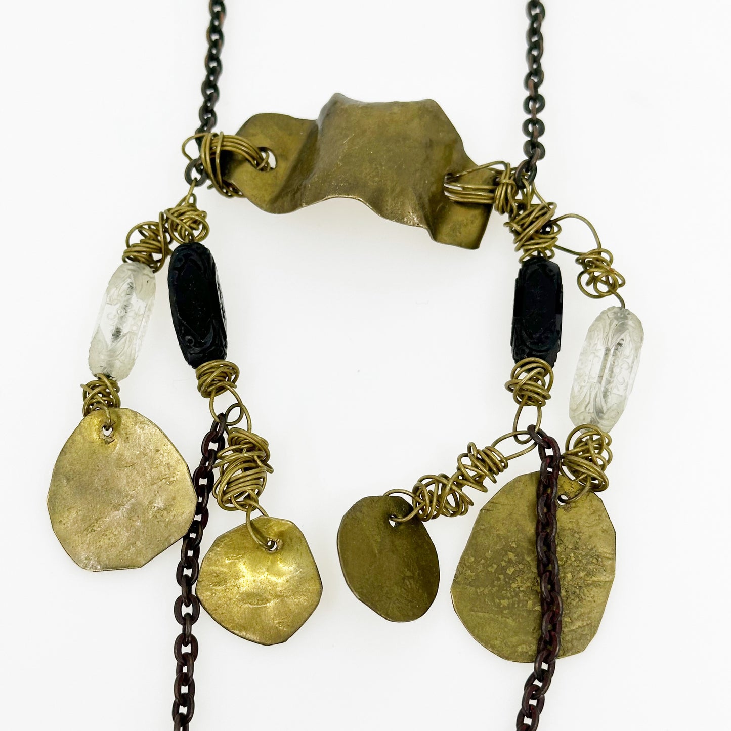 Mid Century brass & carved glass beads necklace