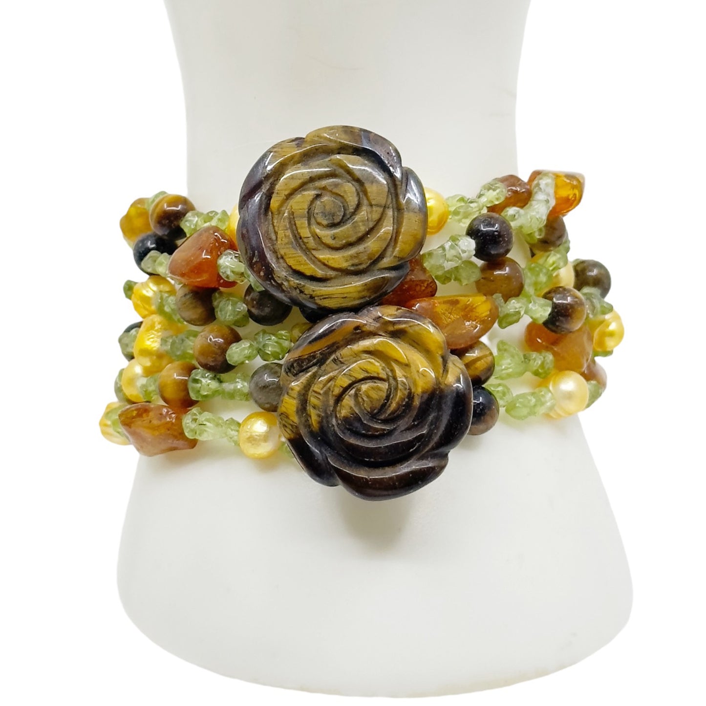 pearl peridot & tiger eye bead stretch bracelet