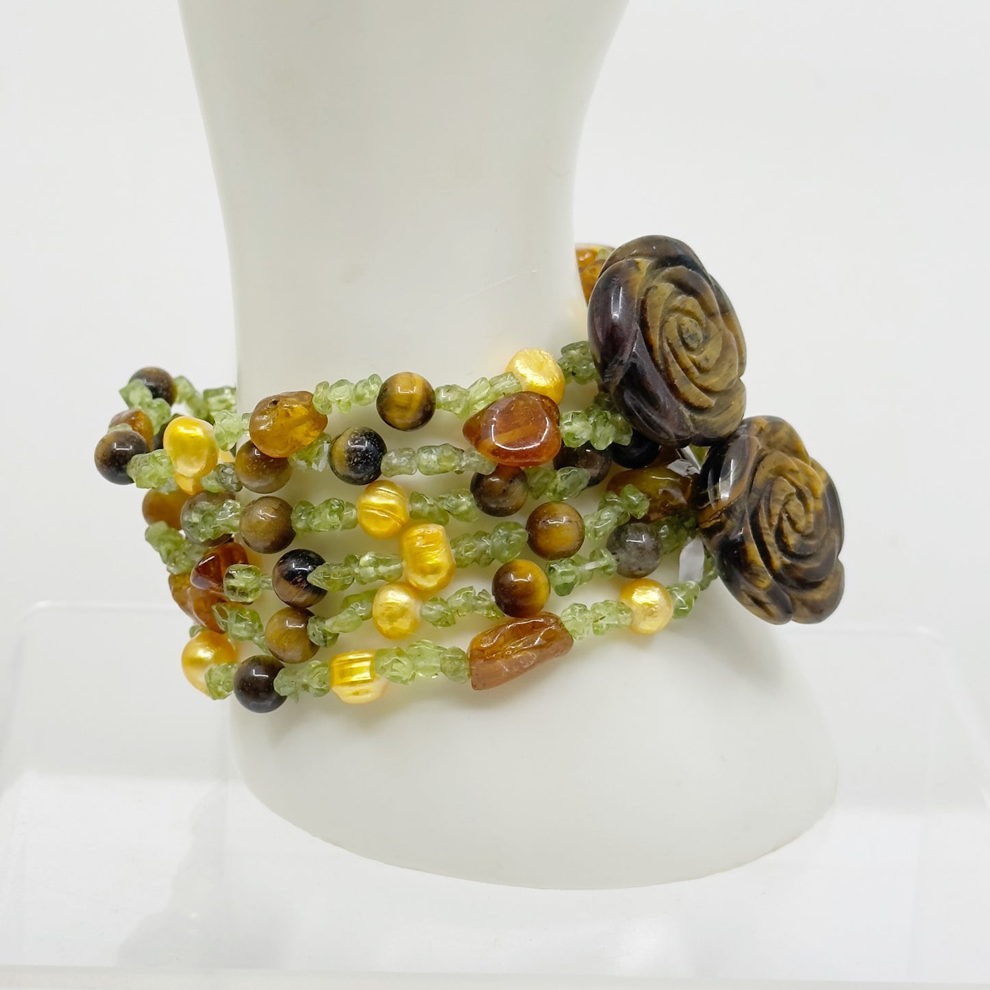 pearl peridot & tiger eye bead stretch bracelet