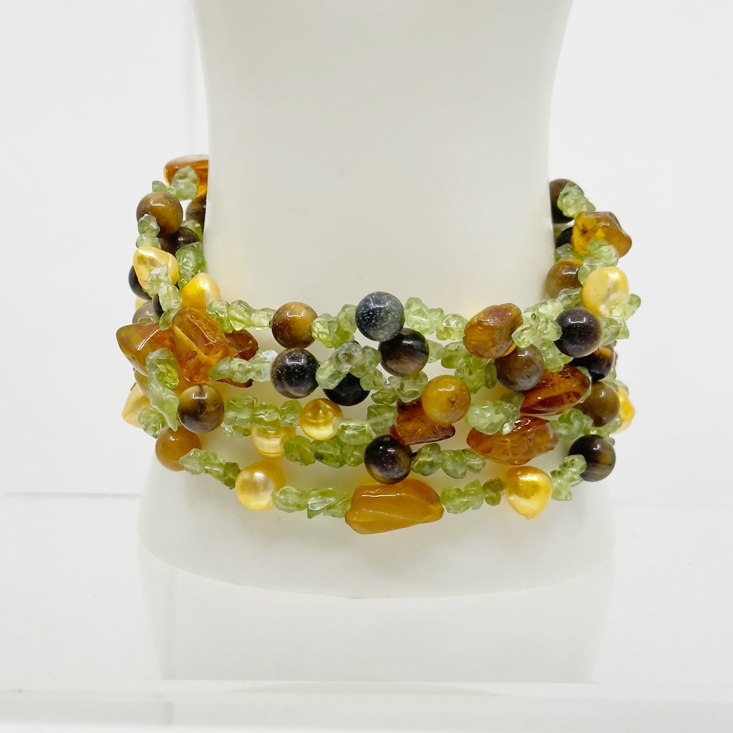 pearl peridot & tiger eye bead stretch bracelet