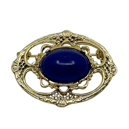 Vintage Gold tone lapis lazuli lucite cabochon brooch