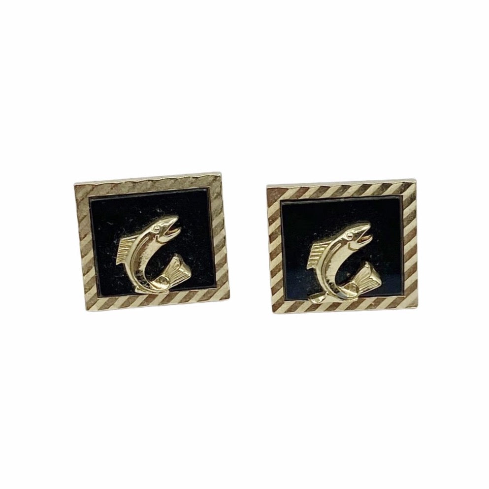 SWANK 12k gold filled onyx fish cufflinks