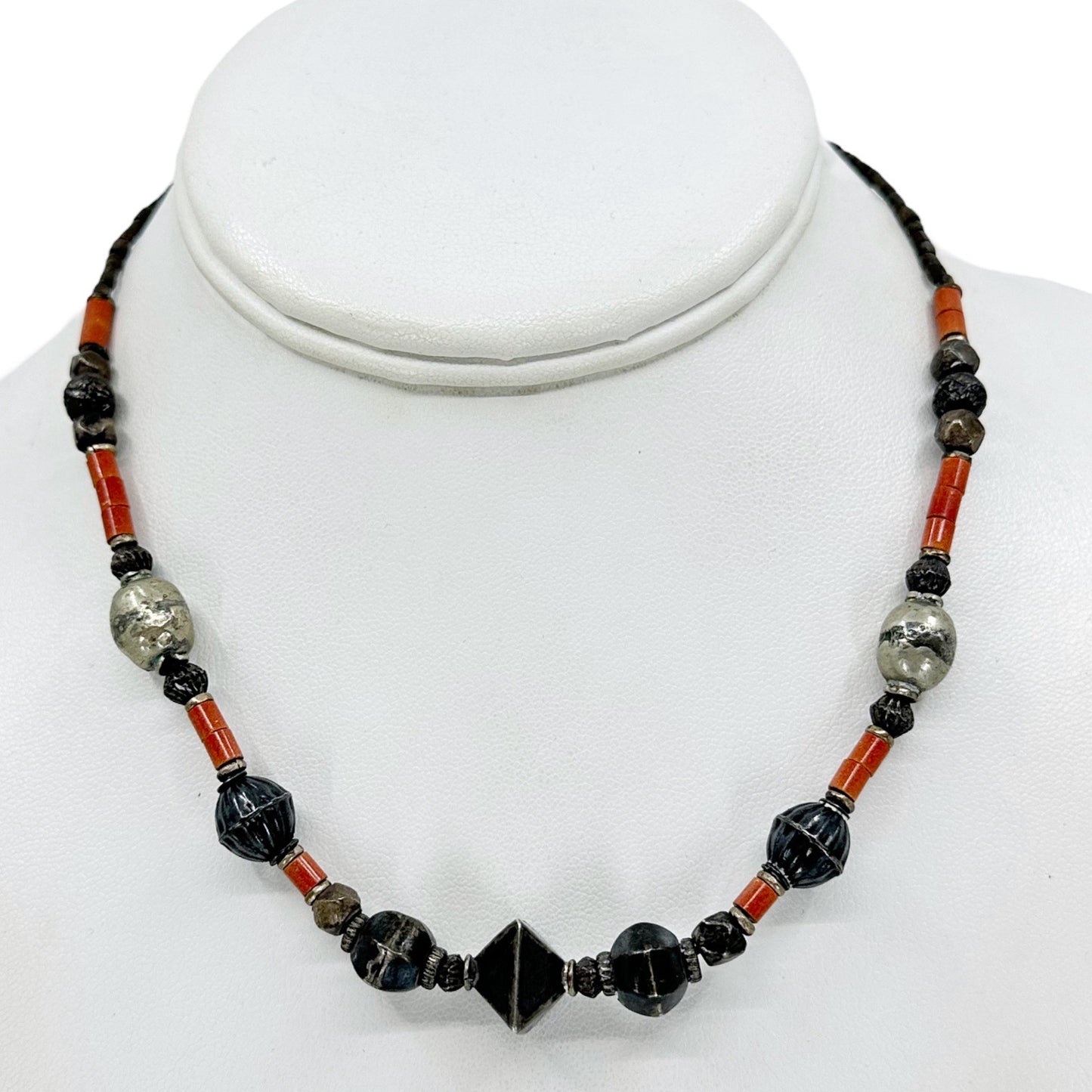 Vintage tribal silver & jasper bead necklace