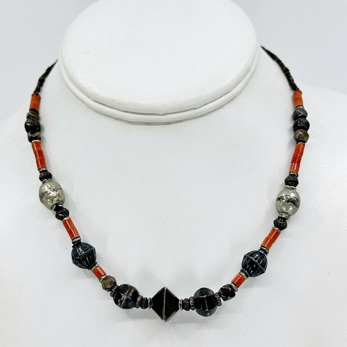 Vintage tribal silver & jasper bead necklace