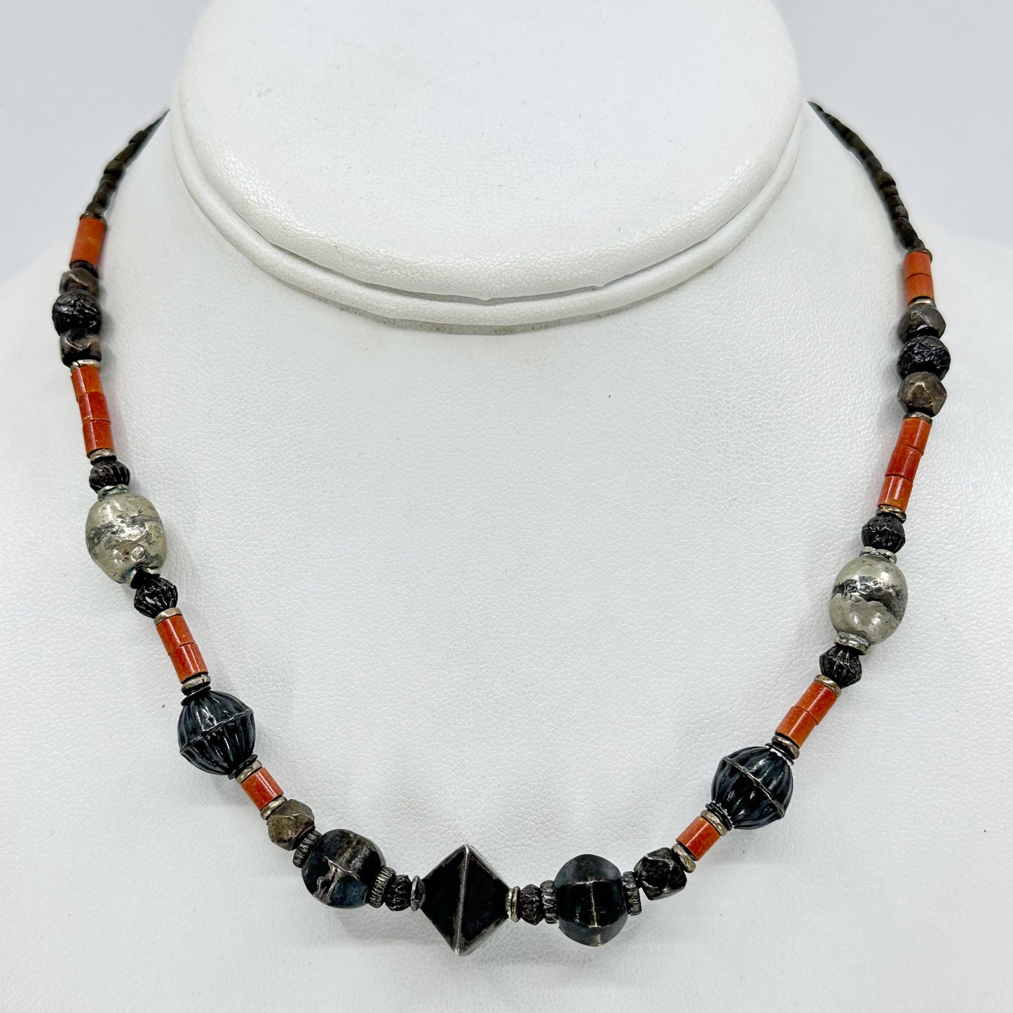 Vintage tribal silver & jasper bead necklace