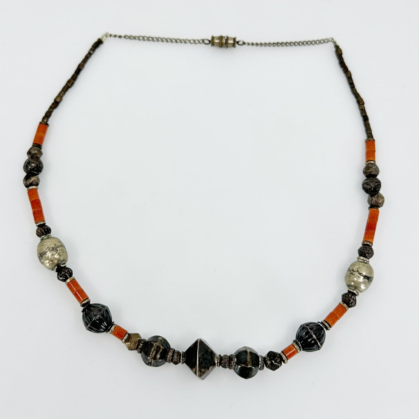 Vintage tribal silver & jasper bead necklace