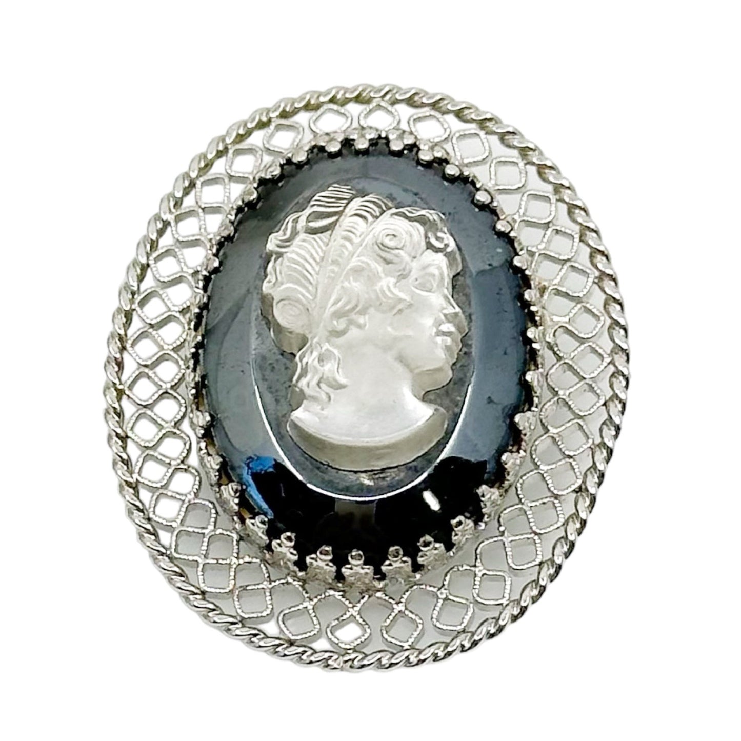 Vintage Silver tone hematite & glass cameo brooch