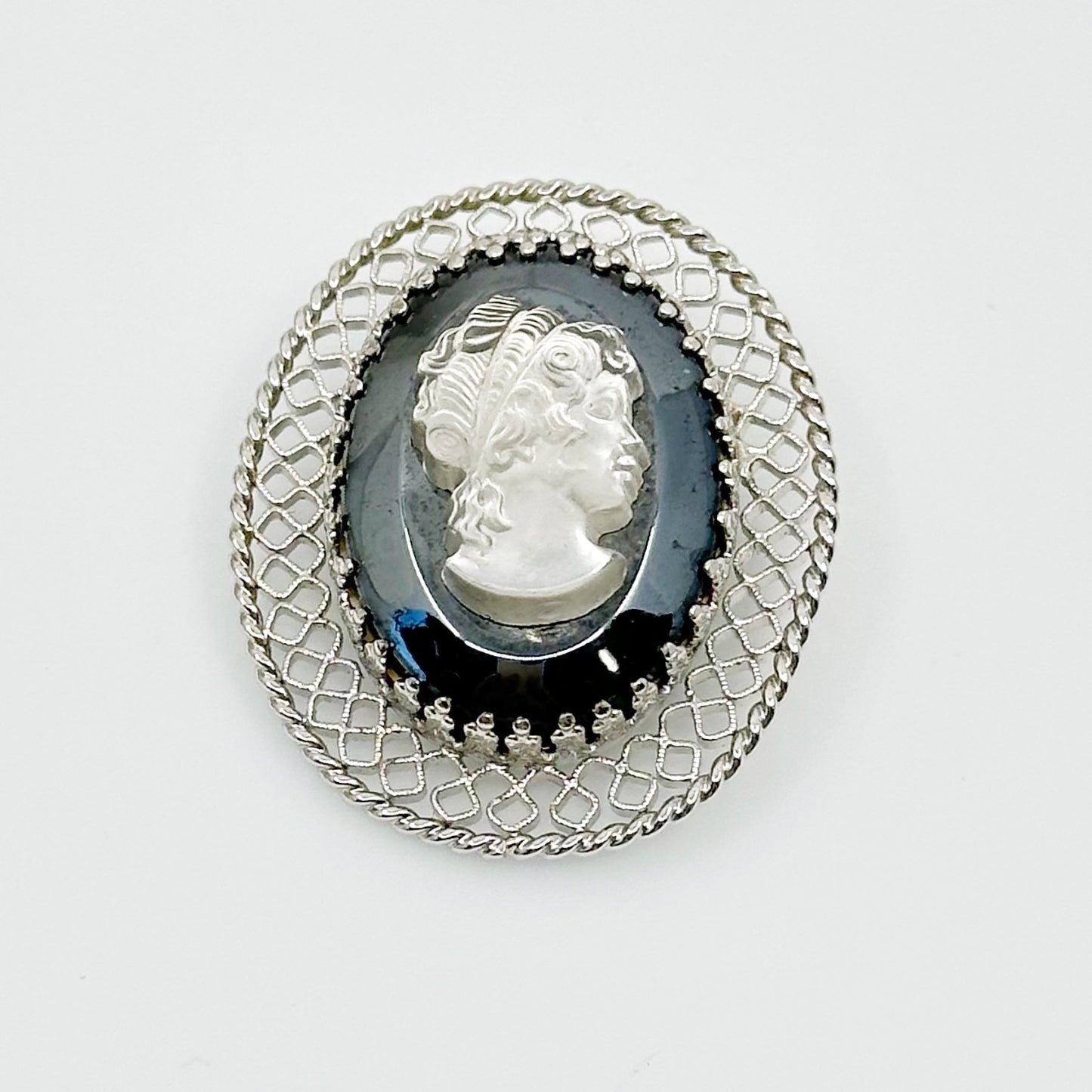 Vintage Silver tone hematite & glass cameo brooch