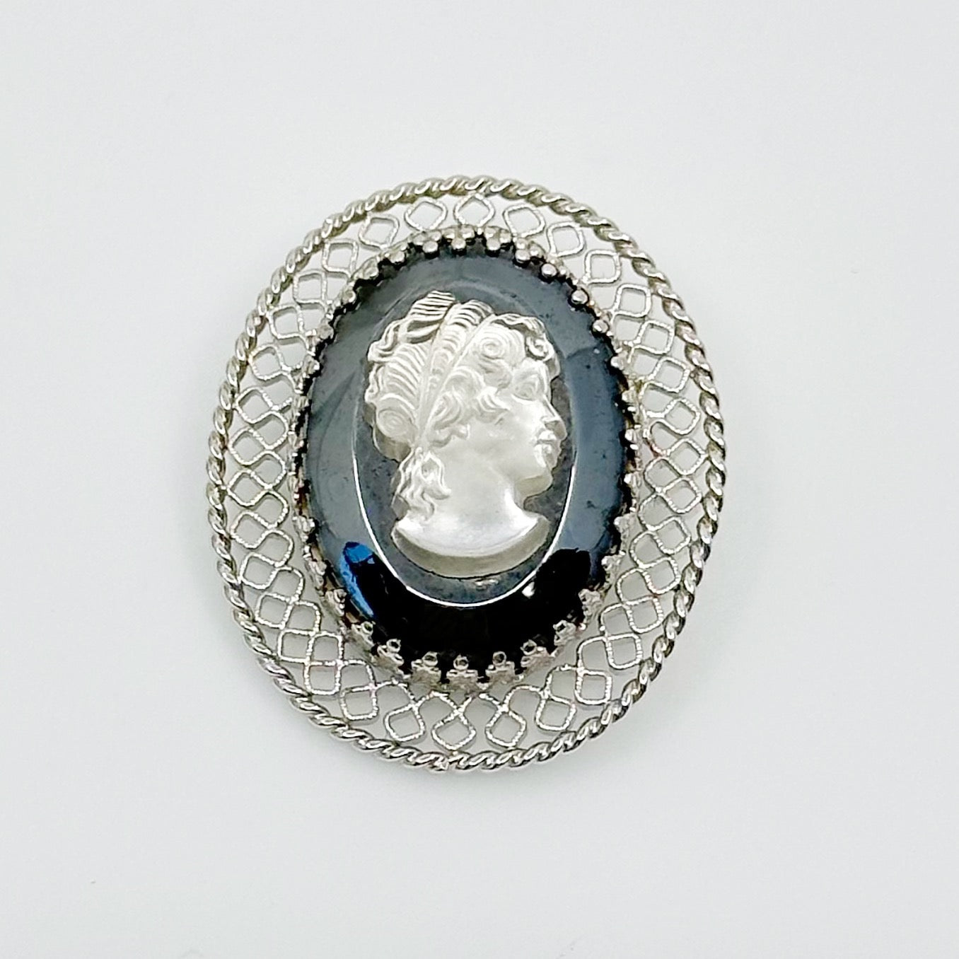 Vintage Silver tone hematite & glass cameo brooch