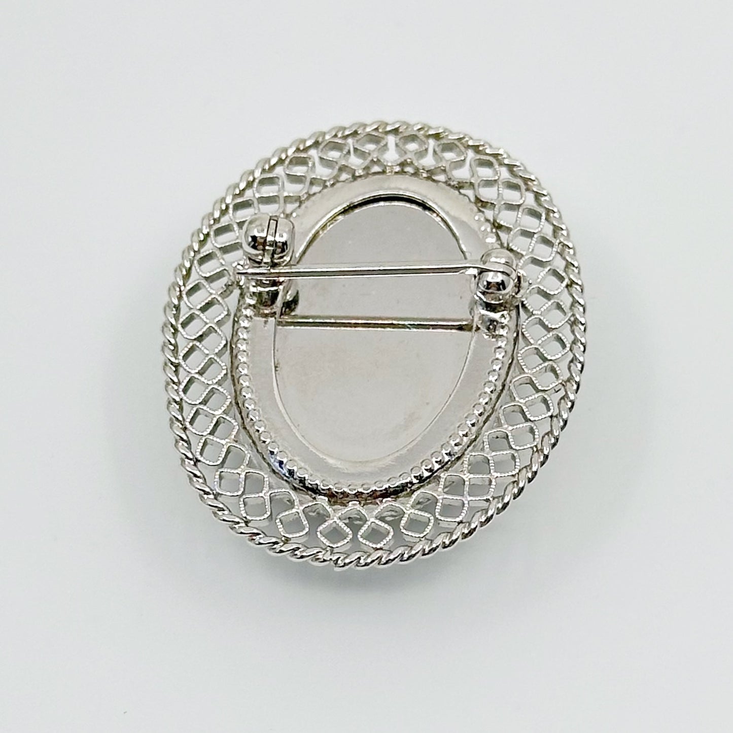 Vintage Silver tone hematite & glass cameo brooch