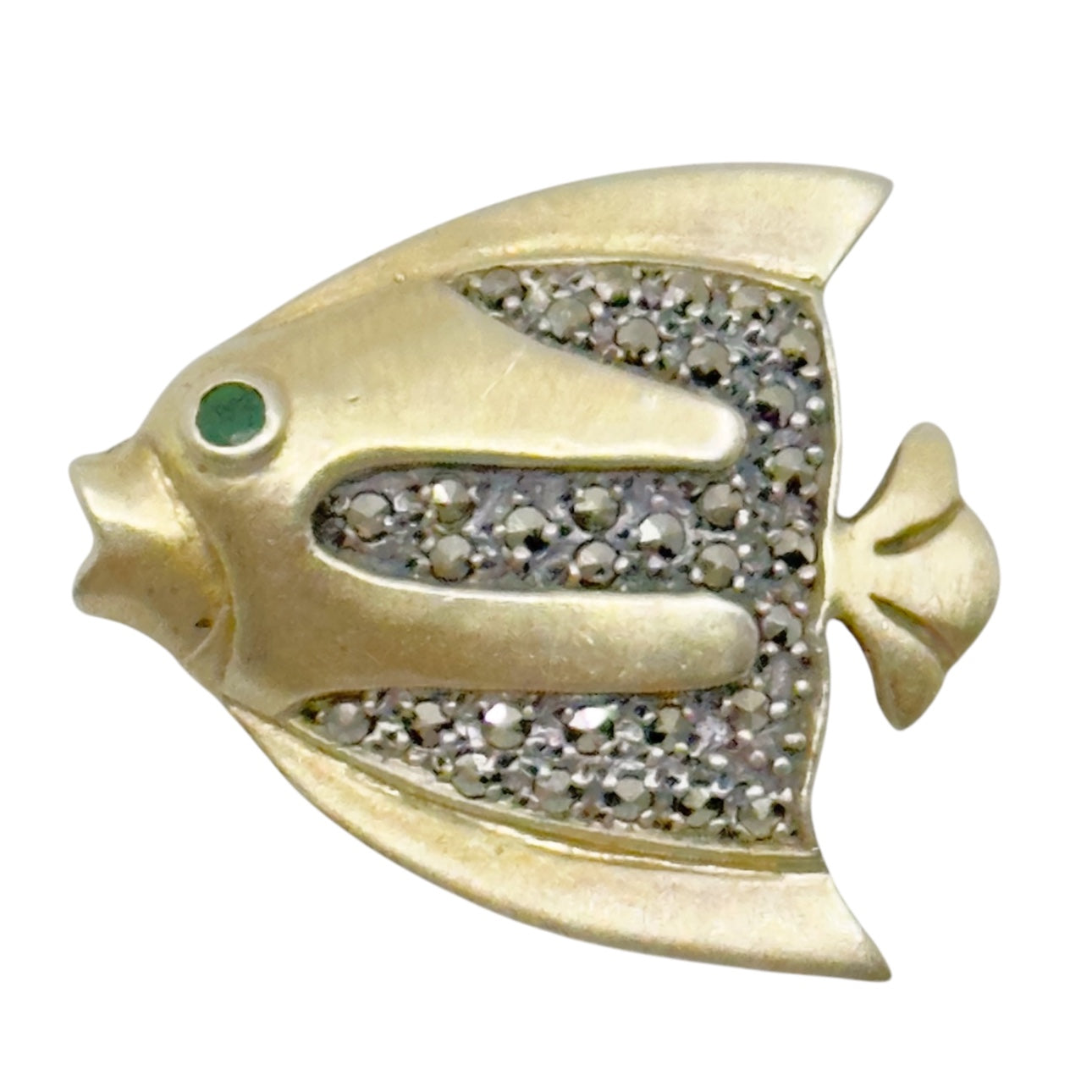 Gold vermeil sterling silver emerald marcasite fish brooch