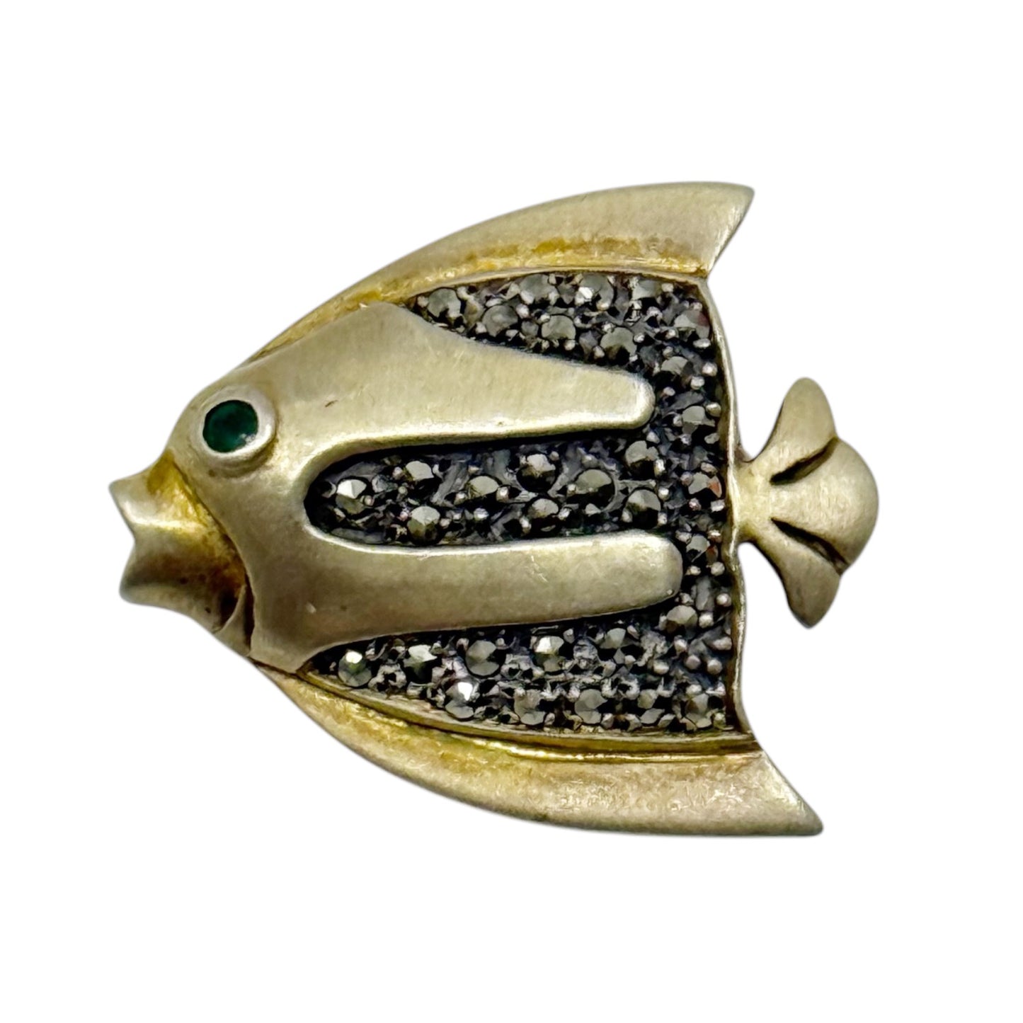 Gold vermeil sterling silver emerald marcasite fish brooch - GM2