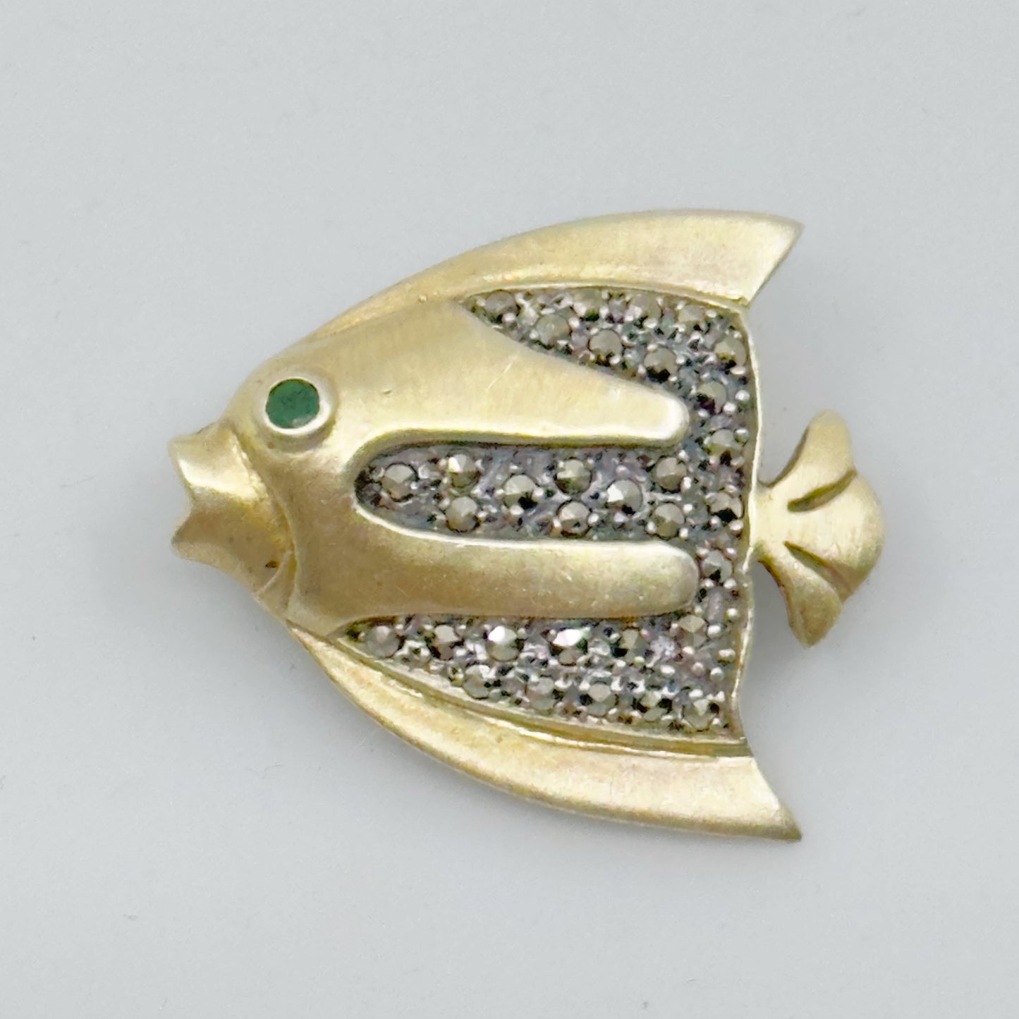 Gold vermeil sterling silver emerald marcasite fish brooch