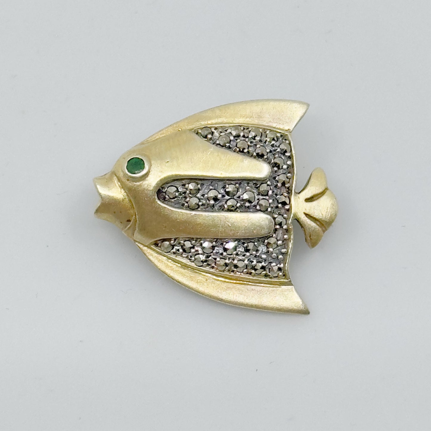 Gold vermeil sterling silver emerald marcasite fish brooch