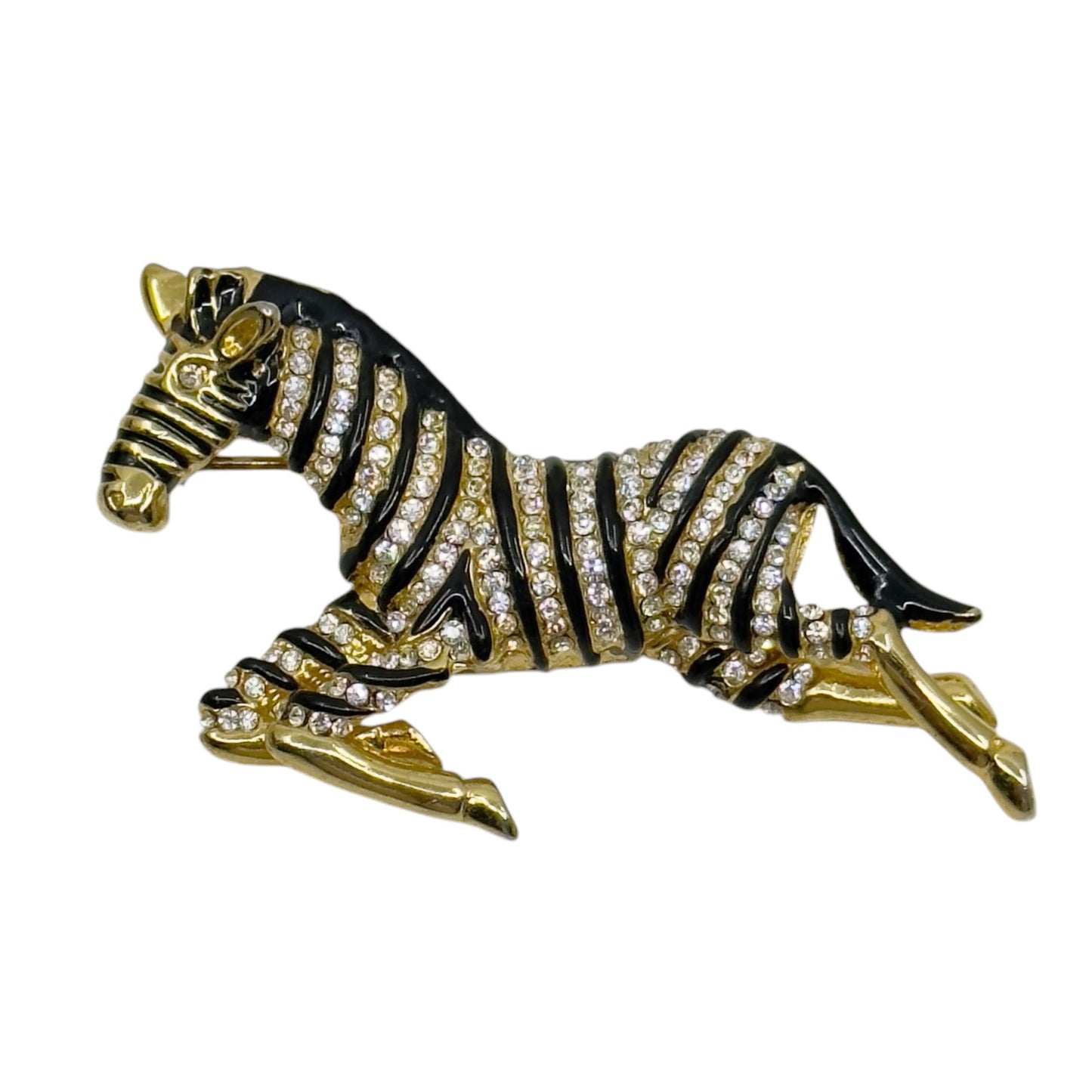 Vintage Gold Tone enamel & rhinestone zebra brooch