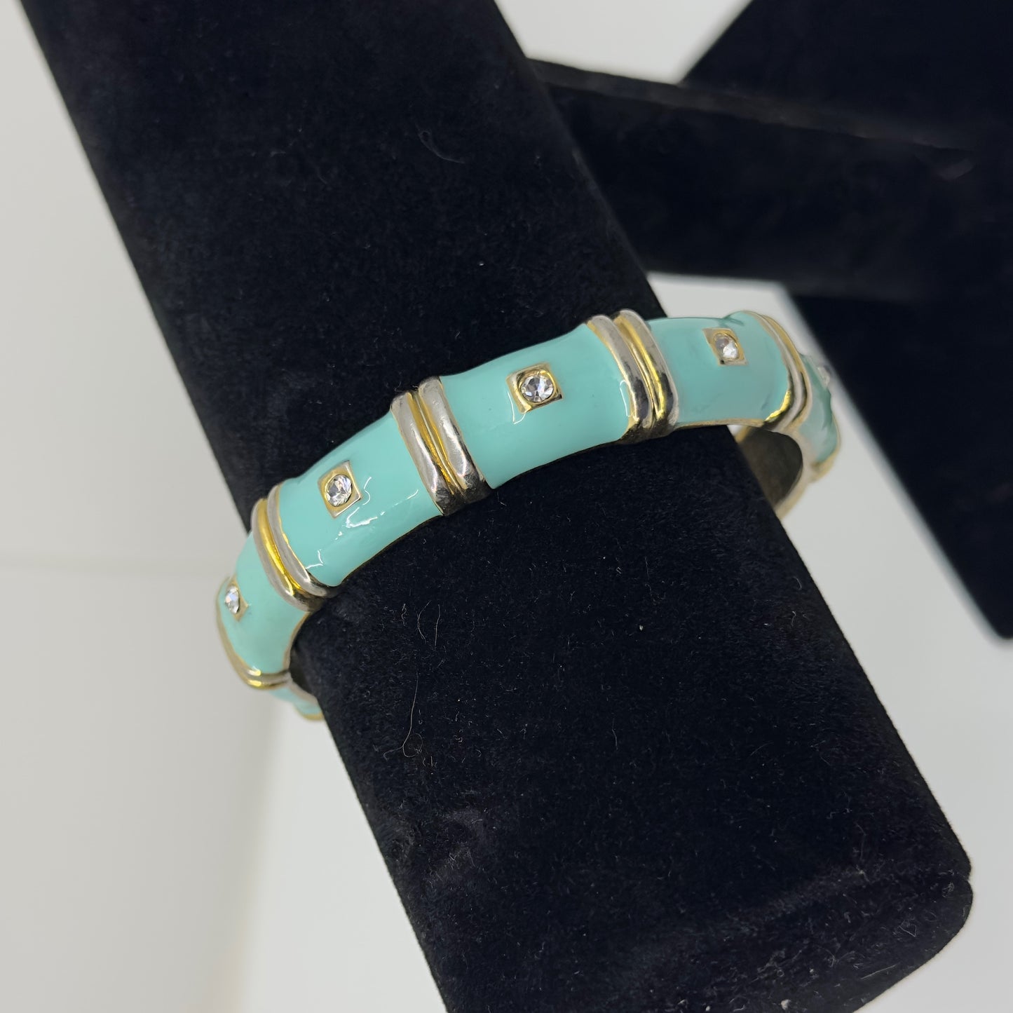 turquoise enamel rhinestone hinged bangle bracelet