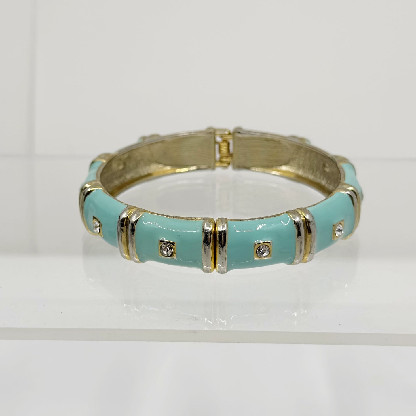 turquoise enamel rhinestone hinged bangle bracelet