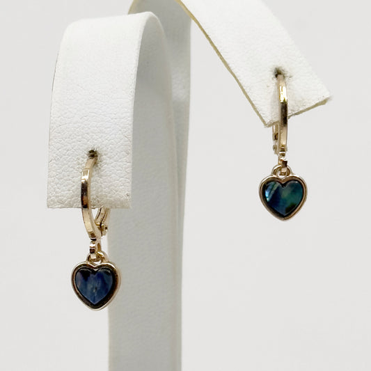 Gold Tone paua abalone heart drop earrings