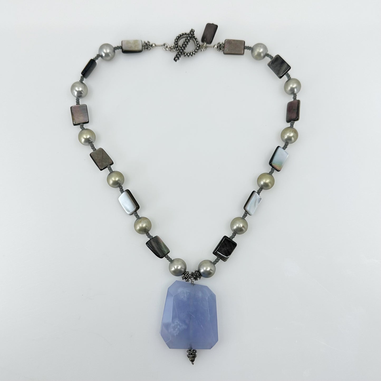 Sterling silver pearl, mother pearl & chalcedony bead necklace