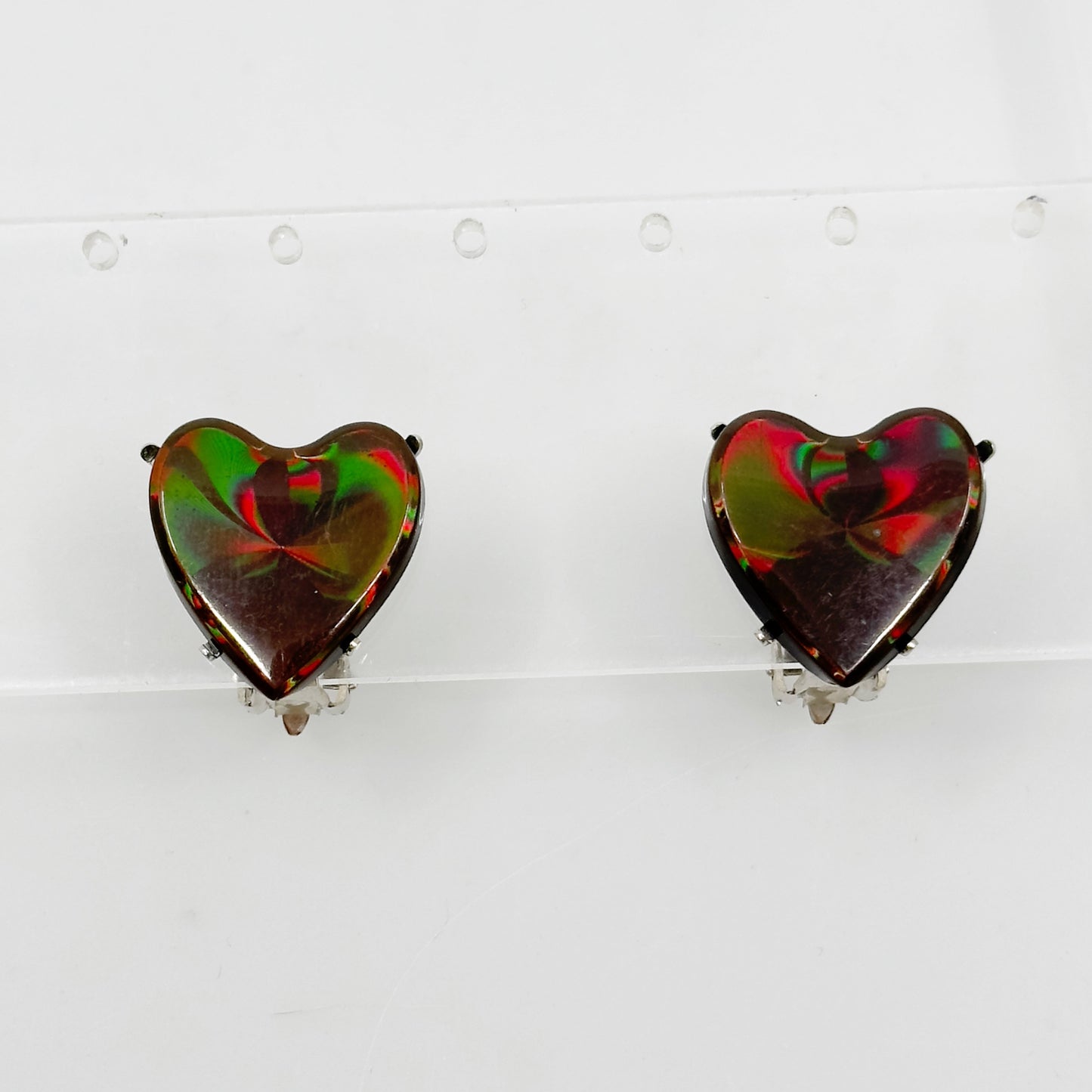 Vintage silver tone lucite heart clip on earrings