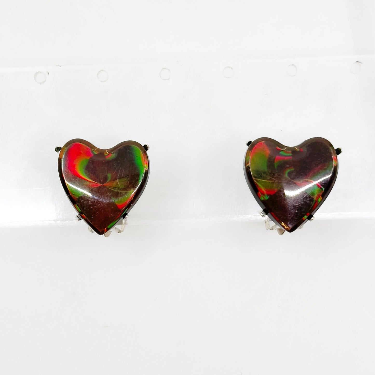 Vintage silver tone lucite heart clip on earrings