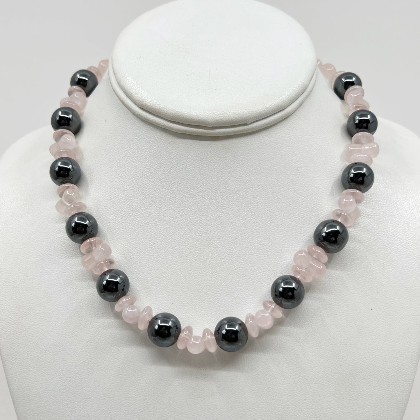 Sterling silver rose quartz & hematite bead necklace