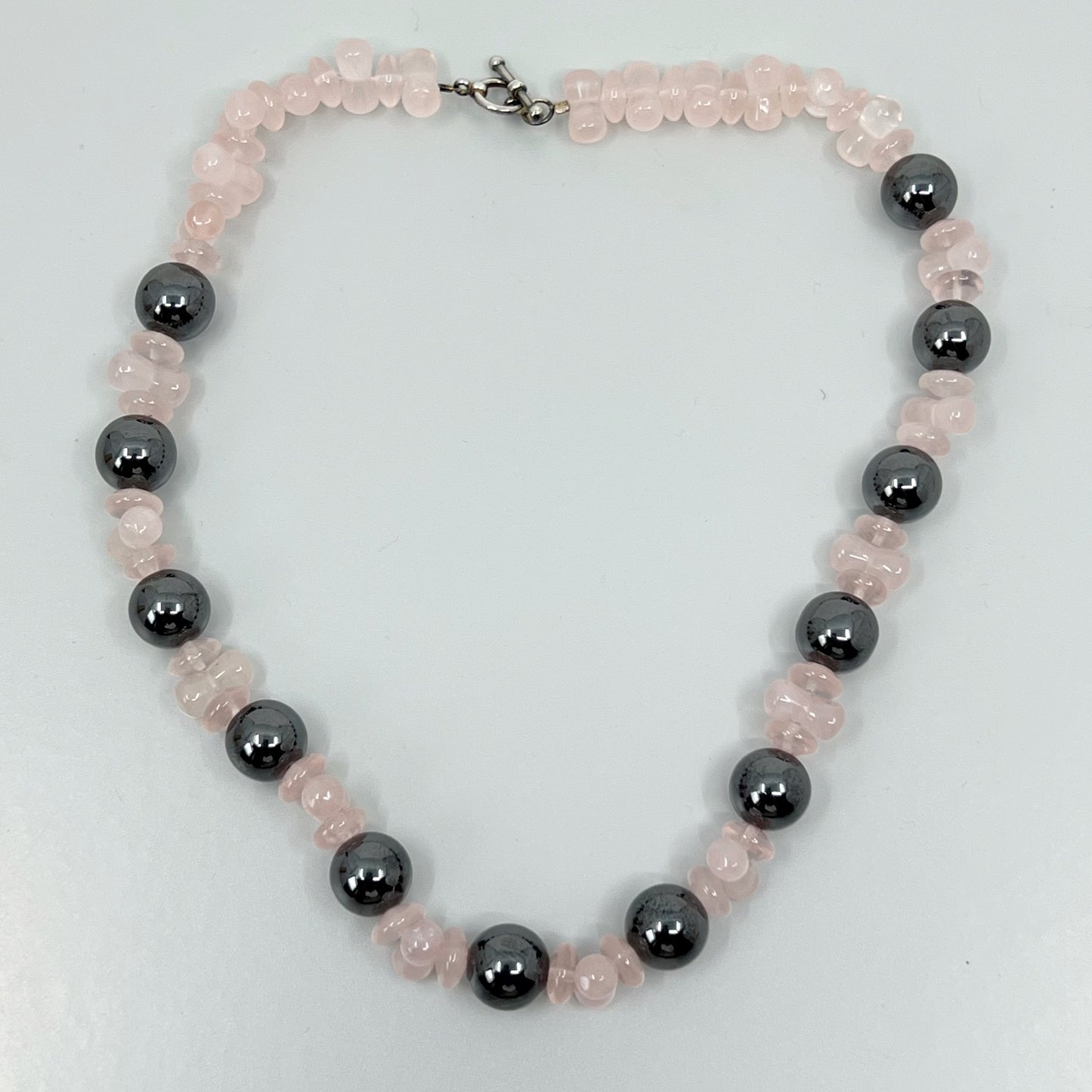 Sterling silver rose quartz & hematite bead necklace