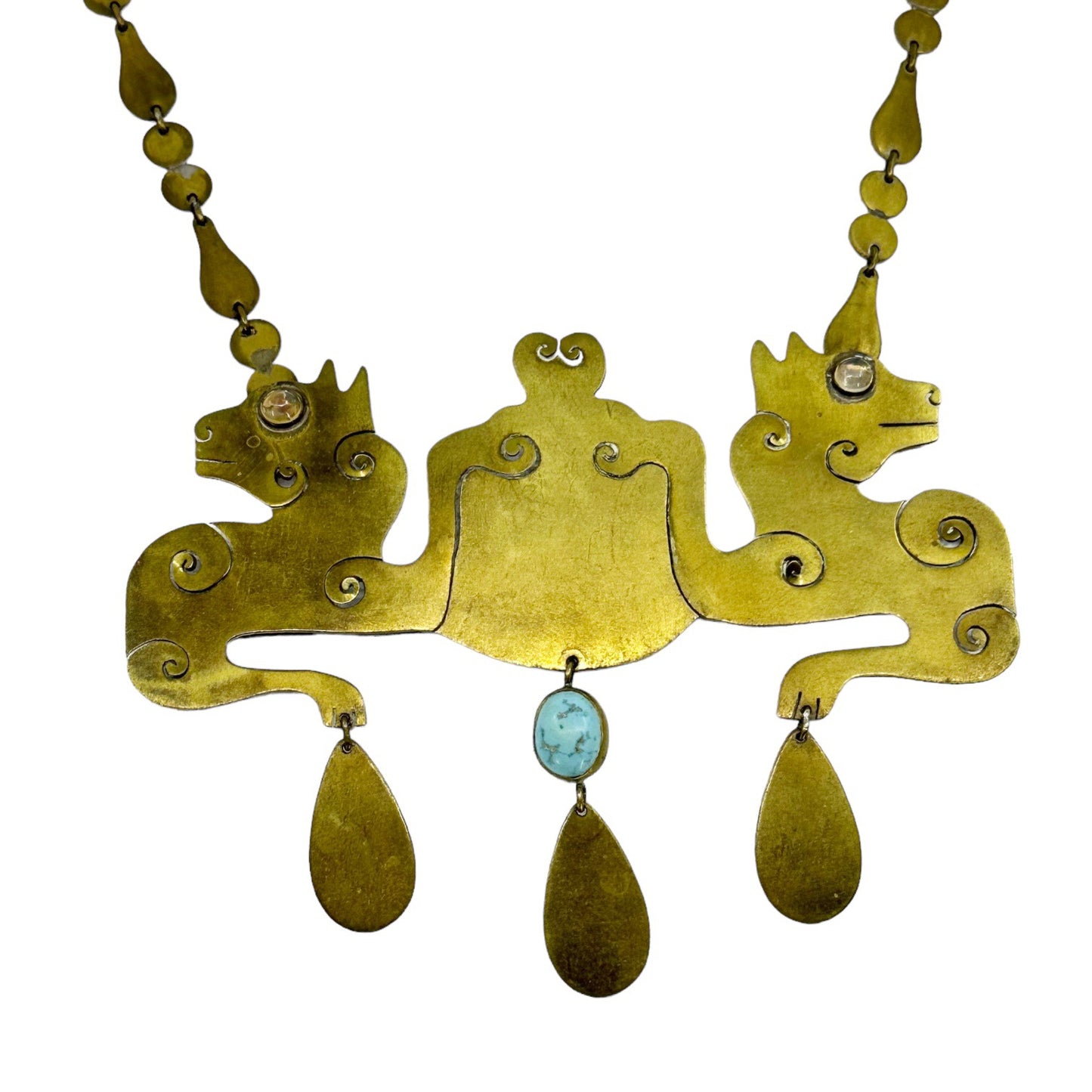 Vintage Hand Made Brass Jelly Opal & Turquoise Panther Necklace