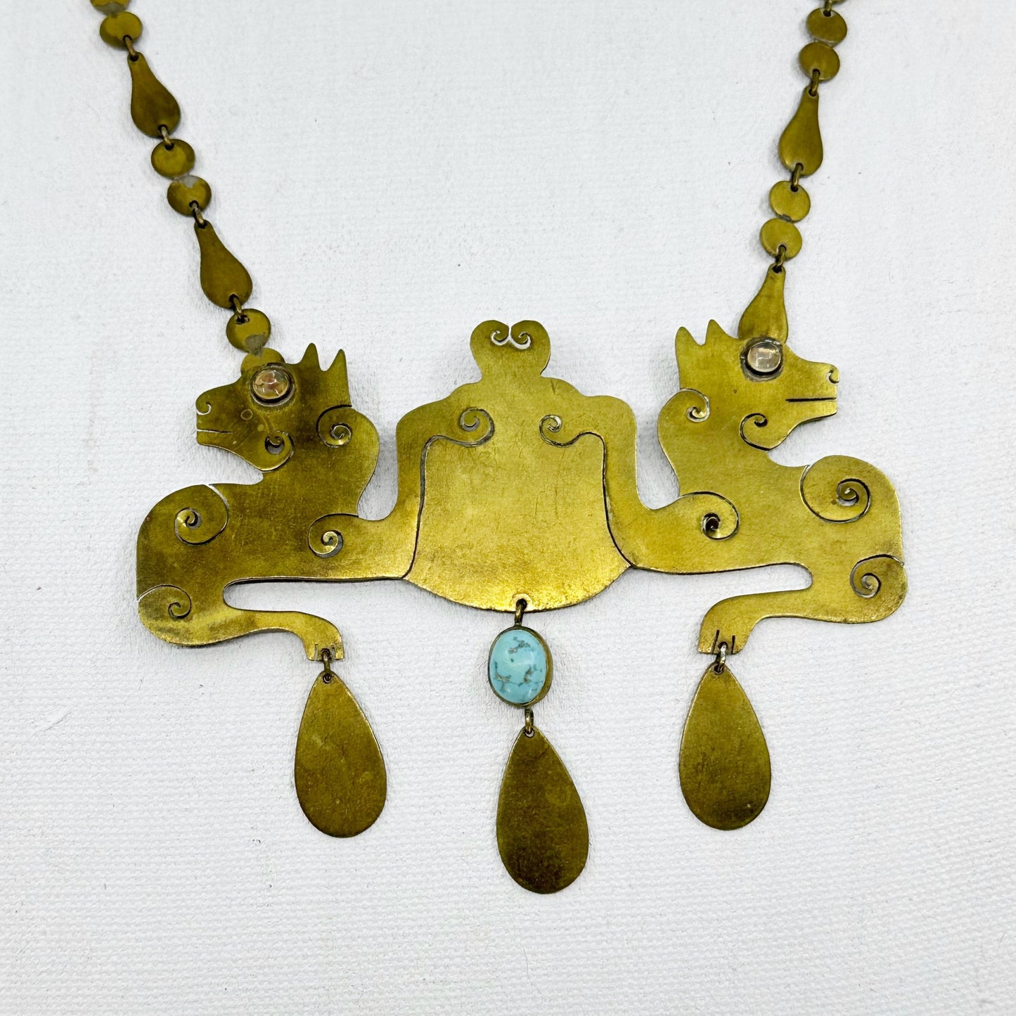 Vintage Hand Made Brass Jelly Opal & Turquoise Panther Necklace