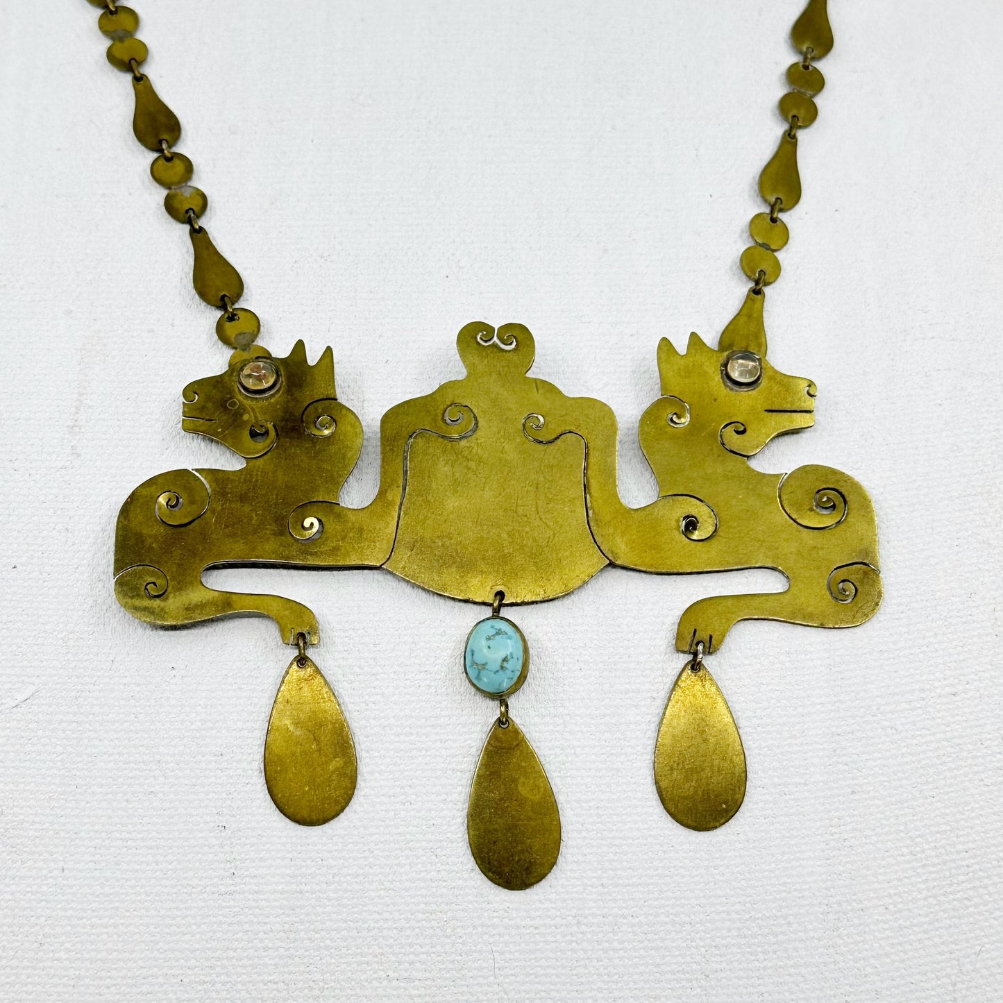 Vintage Hand Made Brass Jelly Opal & Turquoise Panther Necklace