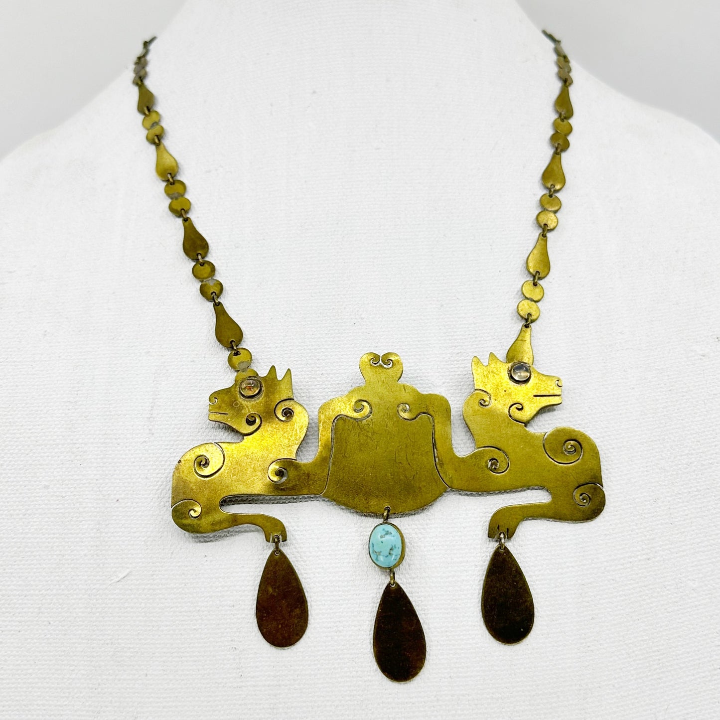 Vintage Hand Made Brass Jelly Opal & Turquoise Panther Necklace