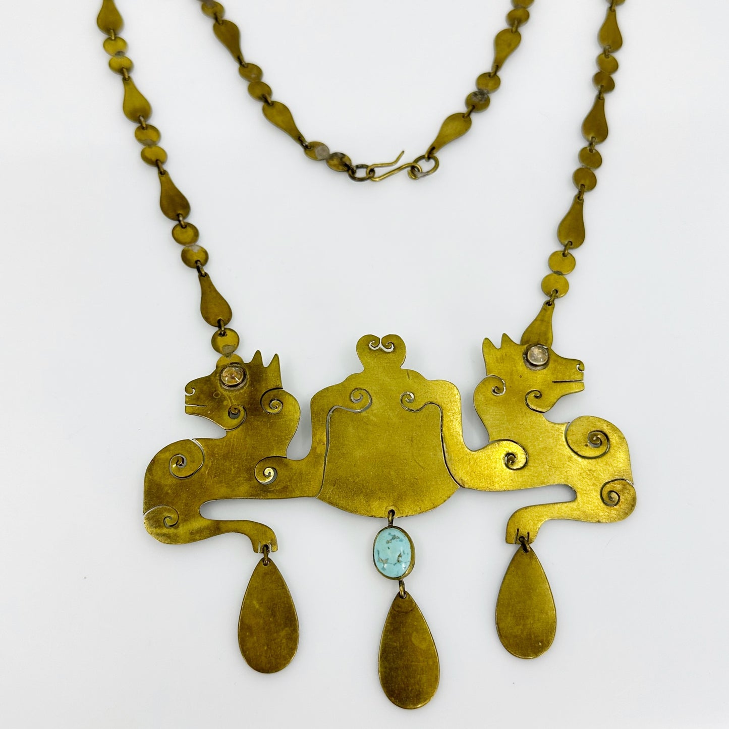 Vintage Hand Made Brass Jelly Opal & Turquoise Panther Necklace