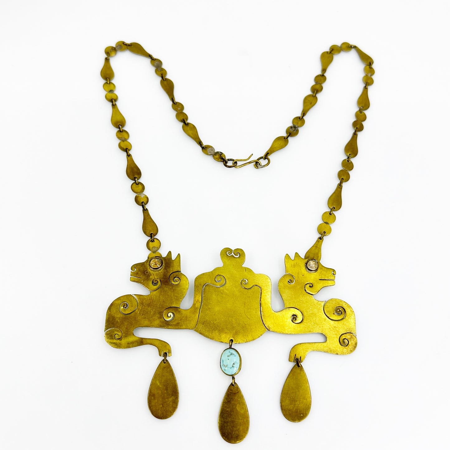 Vintage Hand Made Brass Jelly Opal & Turquoise Panther Necklace