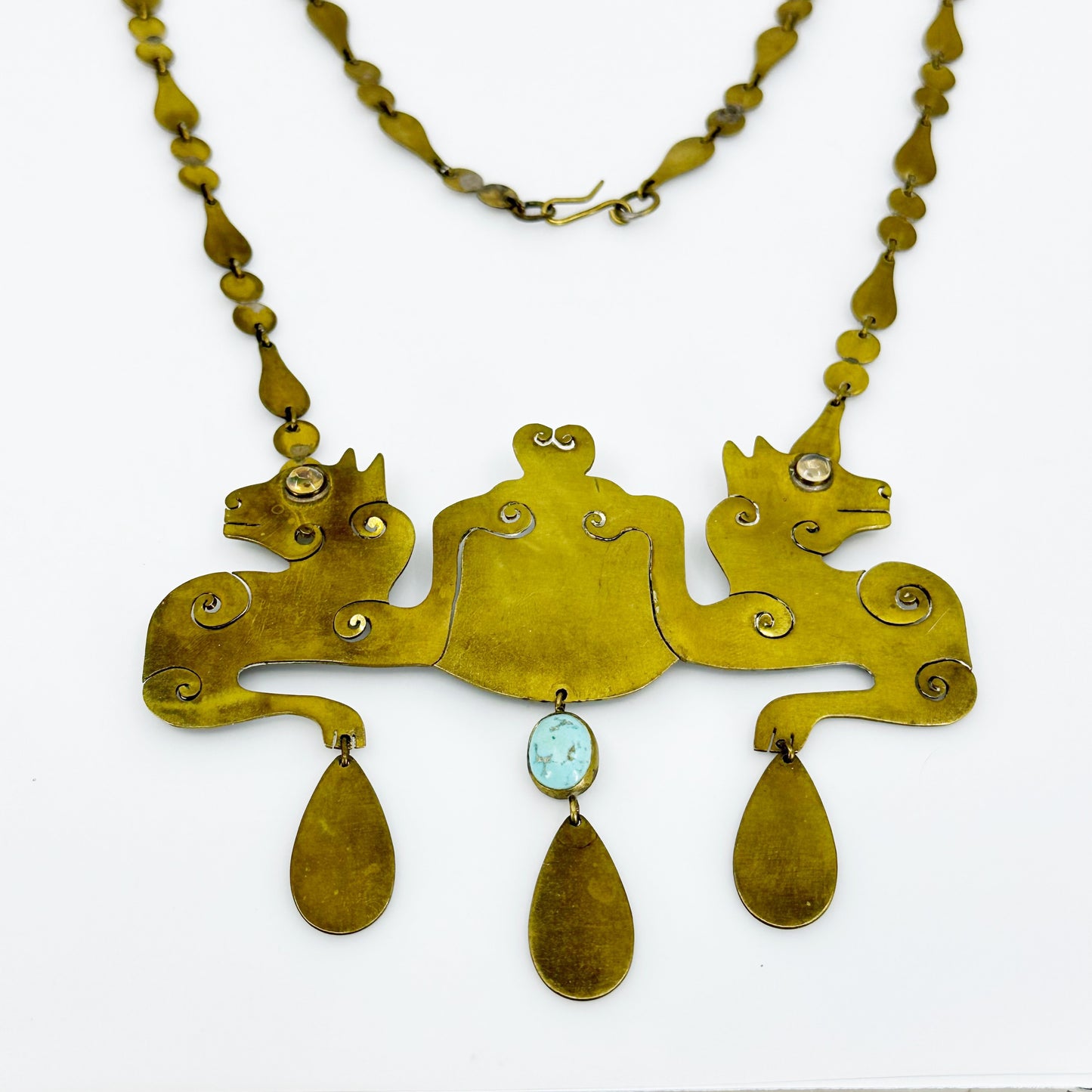 Vintage Hand Made Brass Jelly Opal & Turquoise Panther Necklace