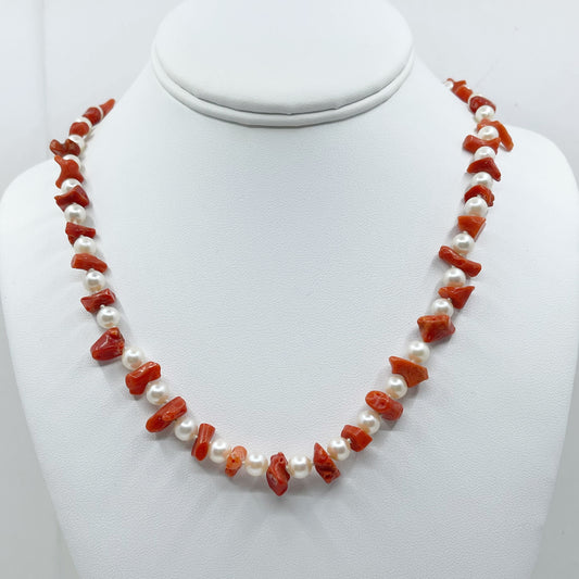 Vintage Sterling Silver pearl & coral necklace