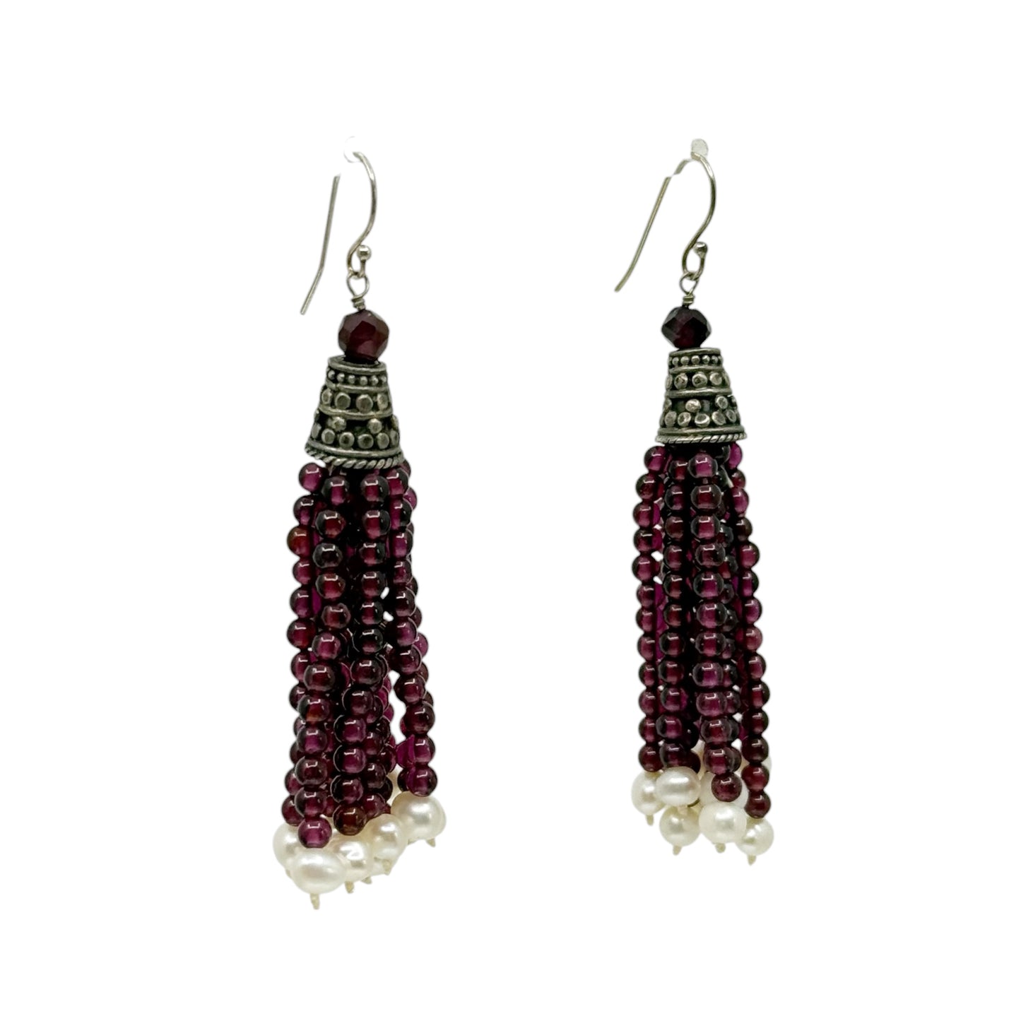 Hand Made sterling silver garnet & freshwater pearl tassel drop earrings - GM224