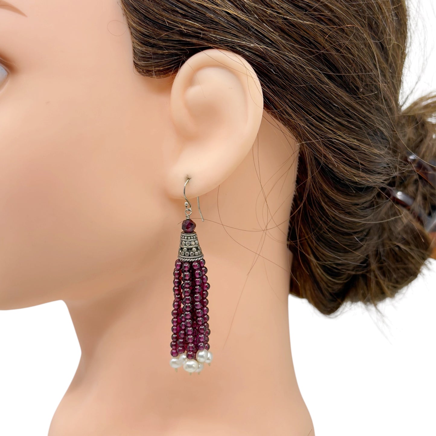 Hand Made sterling silver garnet & freshwater pearl tassel drop earrings - GM224