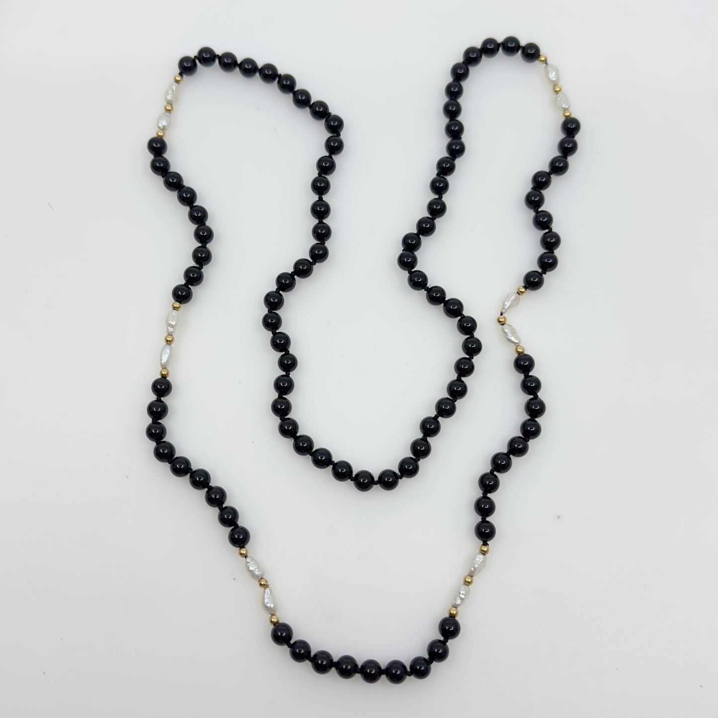 14k Gold onyx & freshwater pearl bead necklace