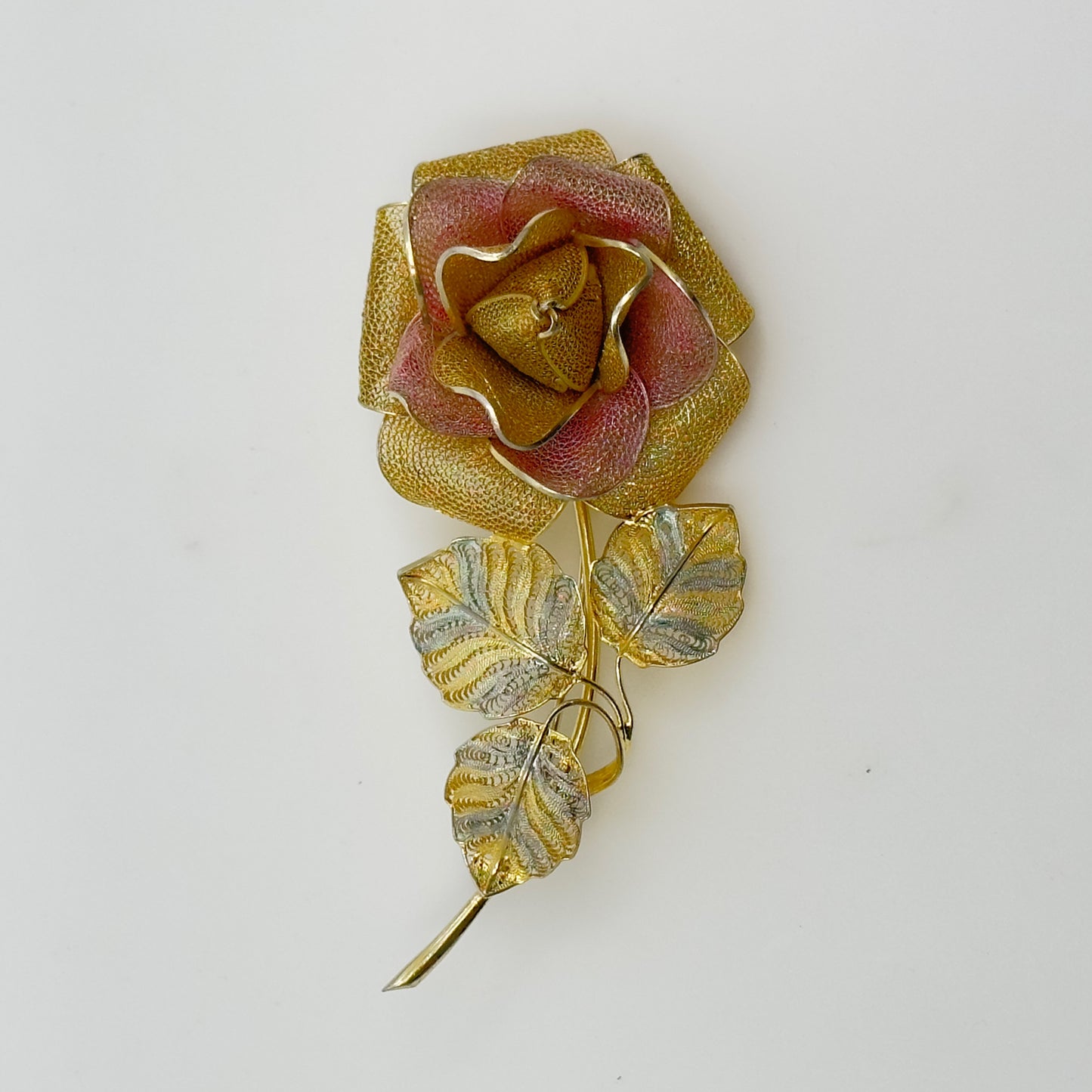 Vintage Gold over Sterling silver filigree rose brooch