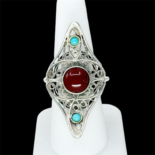 Vintage sterling silver carnelian & turquoise filigree ring - GM251