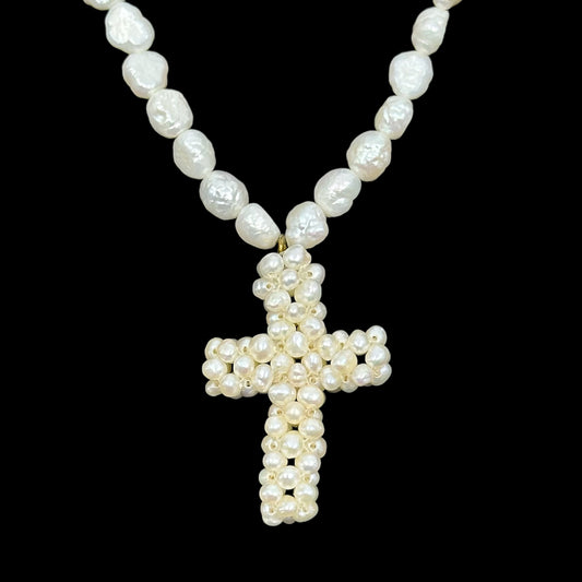 Hand Made gold tone freshwater pearl bead cross pendant necklace