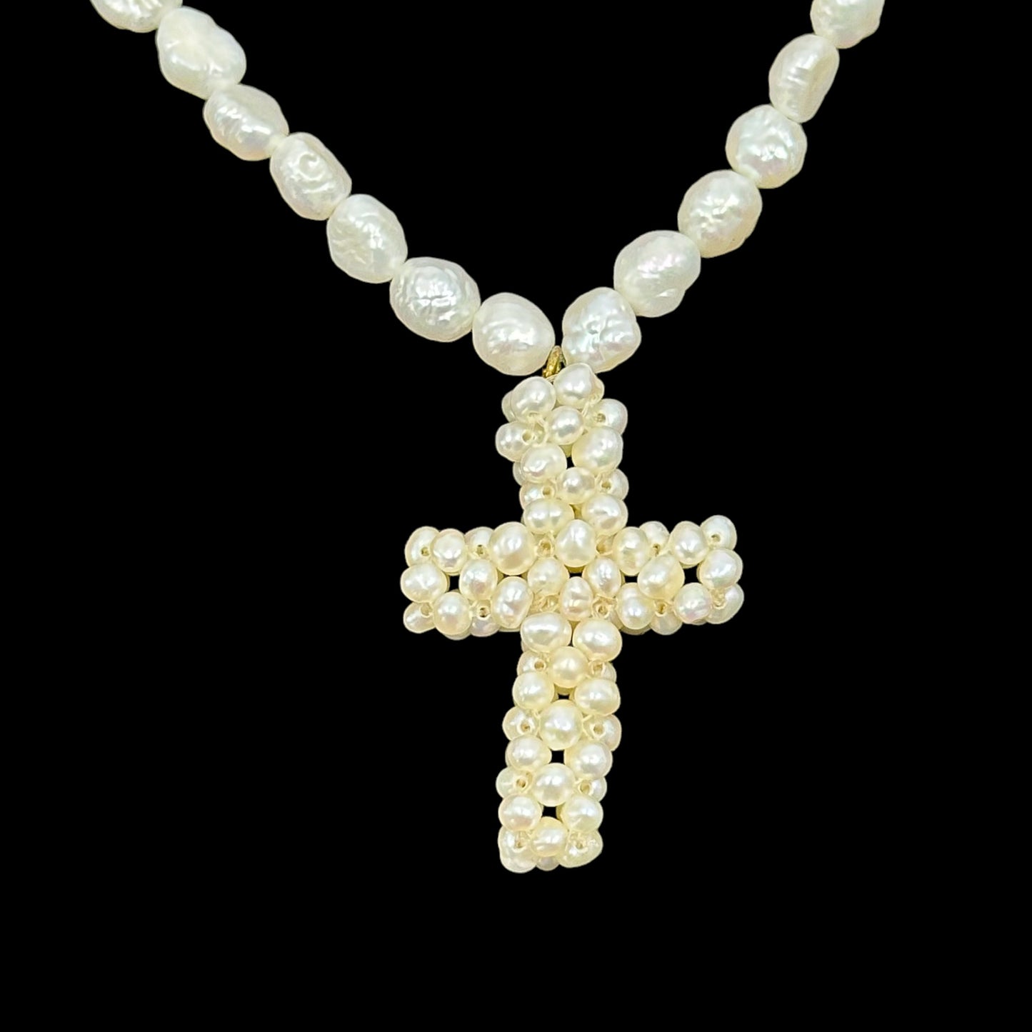 Hand Made gold tone freshwater pearl bead cross pendant necklace