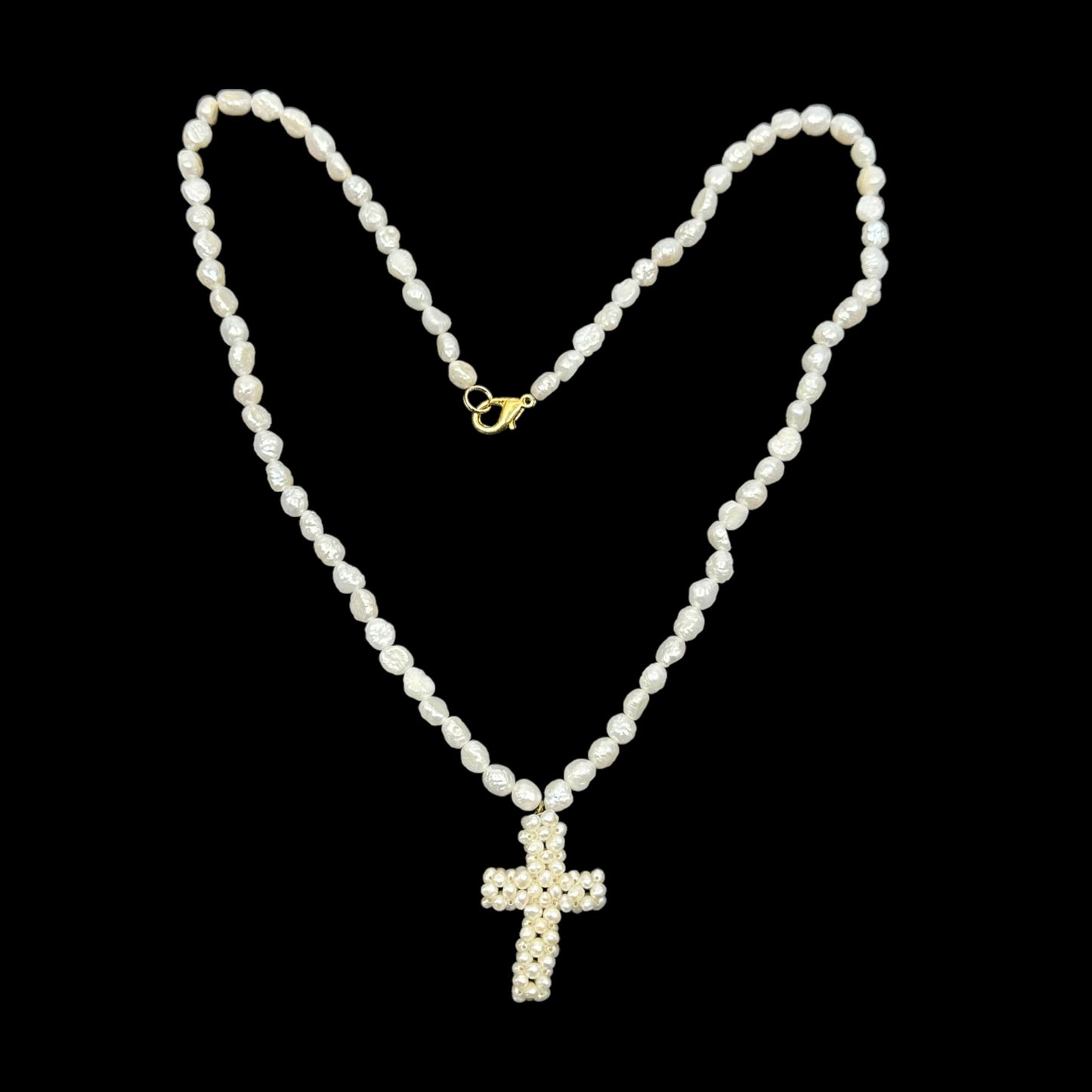 Hand Made gold tone freshwater pearl bead cross pendant necklace