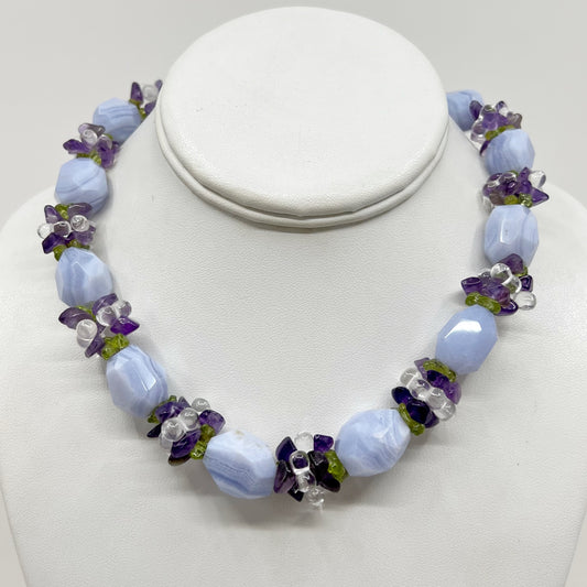 Sterling silver blue lace agate & gemstone bead necklace