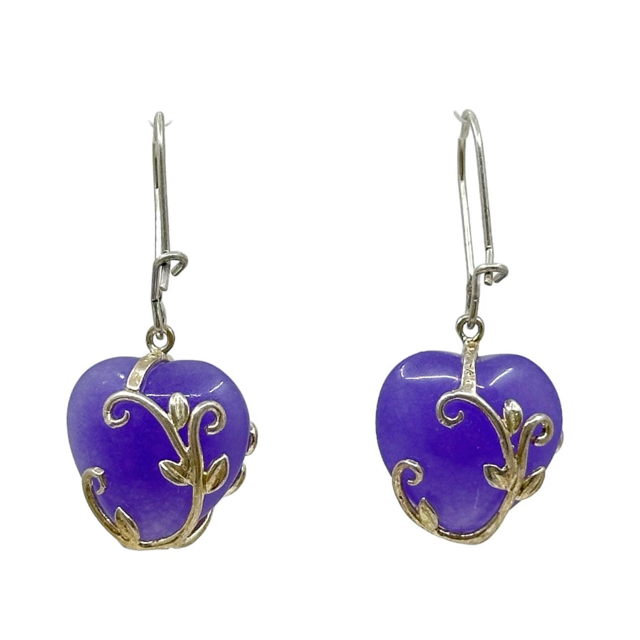 Sterling silver purple jadeite heart drop earrings