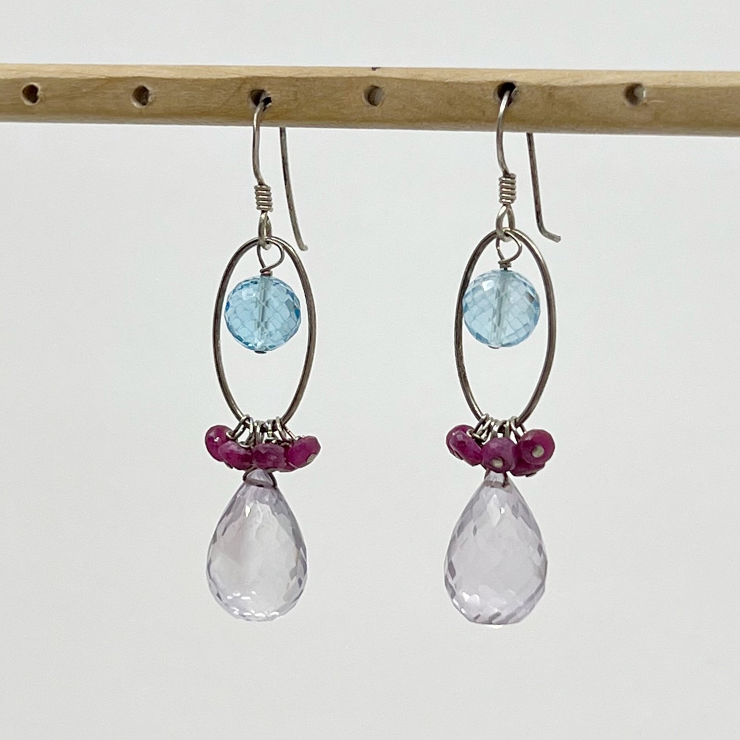 Sterling silver blue topaz, ruby & amethyst bead earrings