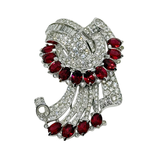 Retro Coro silver tone ruby & diamanté rhinestone spray fur clip brooch - GM30