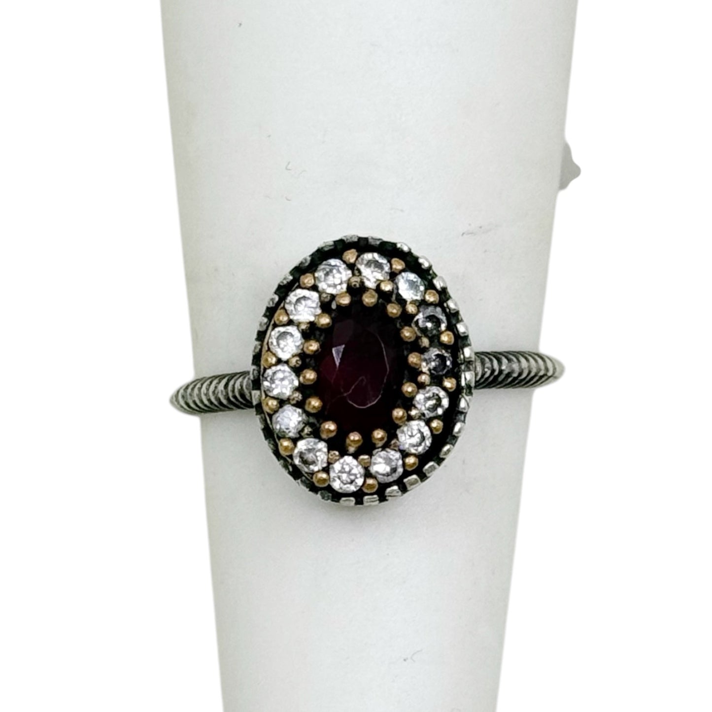 Turkish sterling silver glass ruby & cubic zirconia ring - GM314